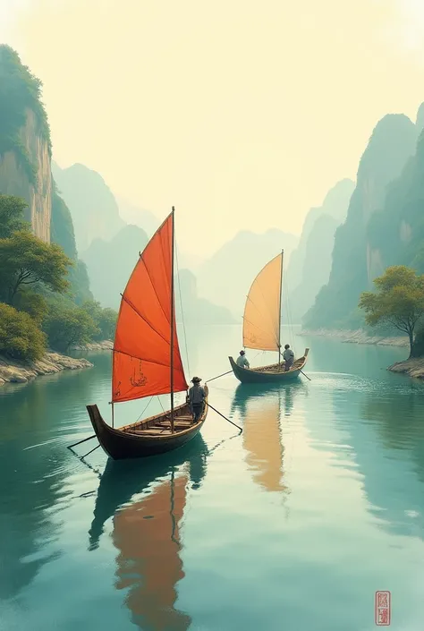 a really beautiful lake with chinese fishing boats on the water, chinese oil painting style, 