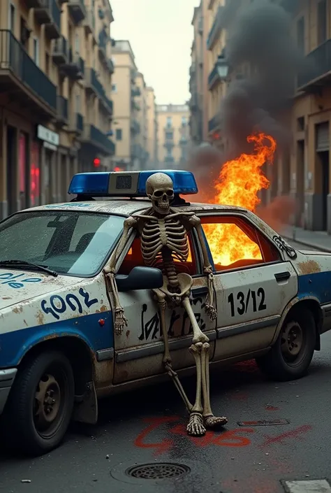 police car vandalized in tag written 1312 burning fire and a skeleton policeman inside Ciutat Vella Barcelona Raval 