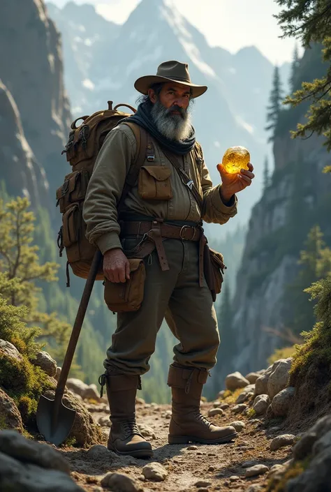 Create an image of a prospector finding a gold nugget