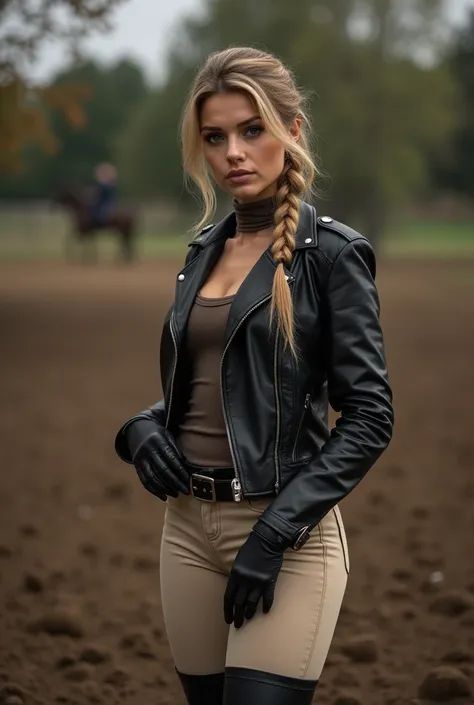 on the backyards horse riding: beautiful dominant and flirty haired dirty with mud italian woman with strict braid trying on long black lace up stiletto leather thighboots over tight beige leather breeches, wearing pantyhose, long skinny leather gloves, sh...