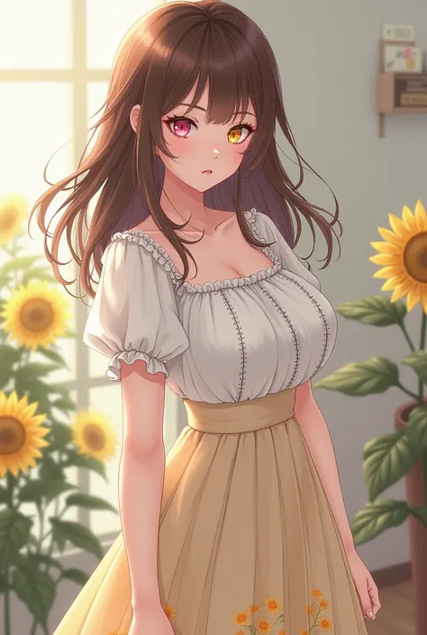  A girl with brown hair,  she has heterochromia ,  the color of her left eye is pink and the color of her right eye is yellow ,  she has medium breasts ,  she wears a light beige midi skirt with a sunflower print on the hem, combined with a white blouse wi...