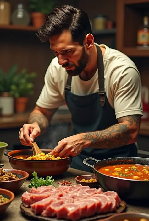 Lionel Messi cooking a fejoada with a sliced pork on the table