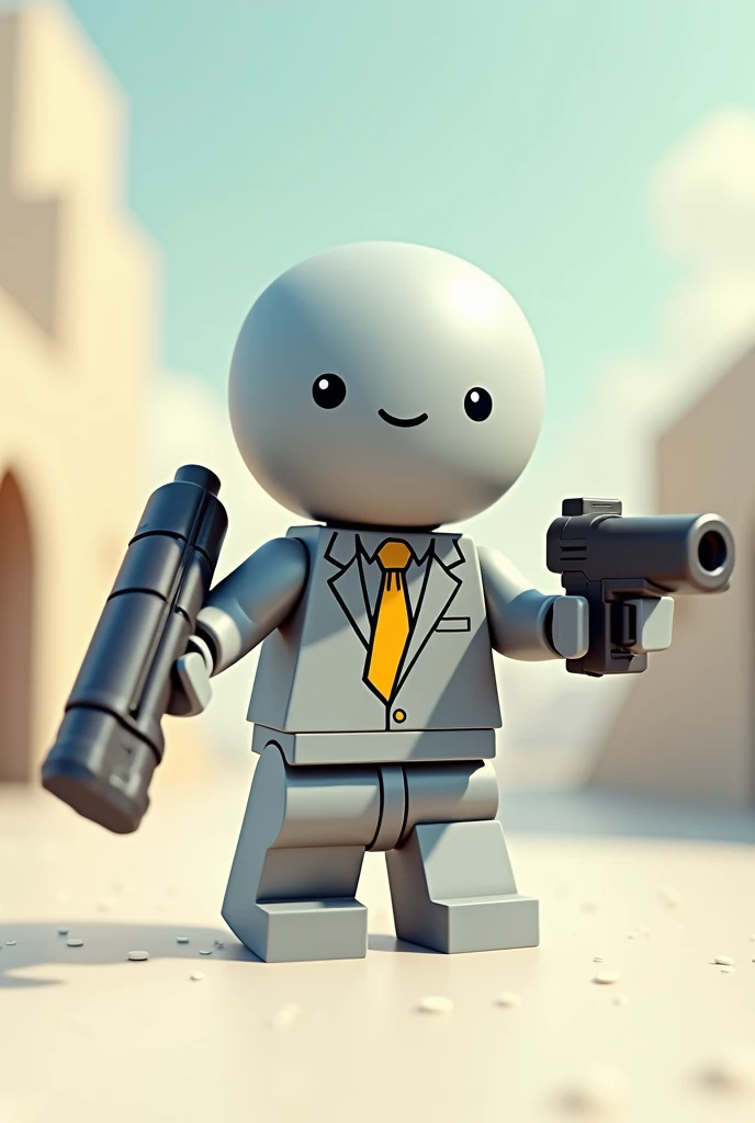 Grey-skinned, round-headed Lego character has no face light gray suit yellow tie and winning weapons cartoon