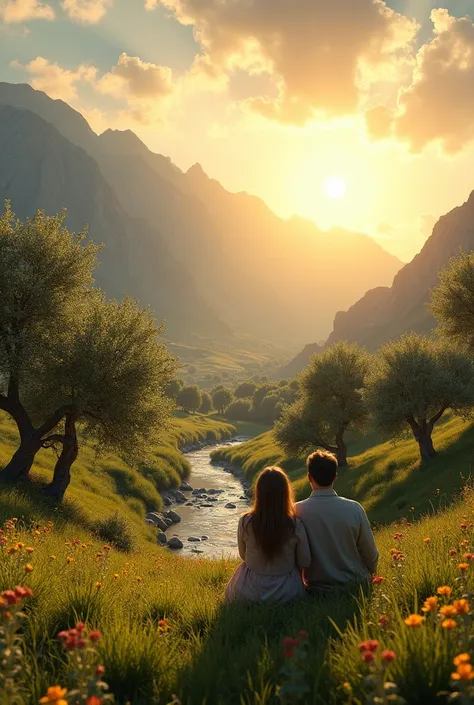 The mountains, the illuminated olive trees, the sun, the river, a man and a woman sitting in the meadows.