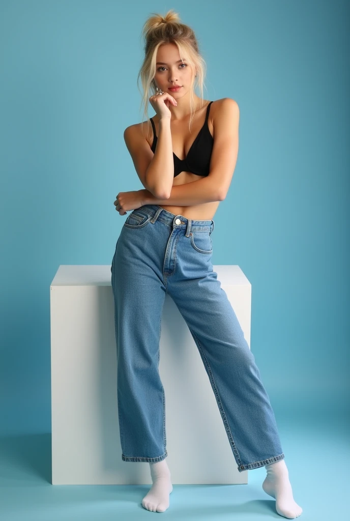 Girl in white socks, 21 years old ,  blonde ,  hair laid ,  ponytail , two strands of hair on the forehead, high ,  slim ,  pumped ass ,  background blue photo studio ,  black bra , wide jeans ,  button on the belt unfastened ,  left leg to side ,  arms in...