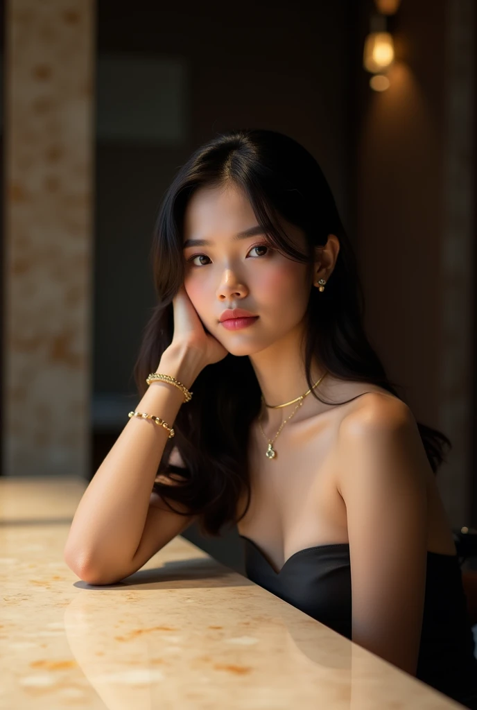  Produce a portrait of a young woman sitting by a light-colored marble counter. She has been a long time, Sophisticated,  The black hair falls smoothly over her shoulders ,  strapless top. Her skin is white,  The background is a mix of textured walls and d...