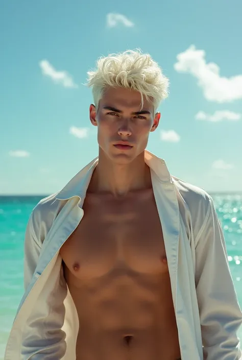 1 male, (Male model) hot skin, Art board, High quality, the most attractive man in the world, by Tham Quan, Perfect body, beautiful Male model, attractive male hero 20-25 ideal age, white hair, summer, sea water,  sky blue, white clouds, handsome and grace...