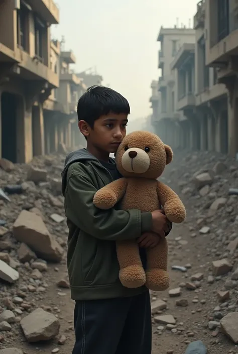 A Palestinian  with a teddy bear looks at the destroyed gas
