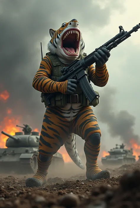 Anthropomorphic Tiger Shark, equipped with a MG42 rifle, posed in a epic position, with a world war 2 background with german tanks