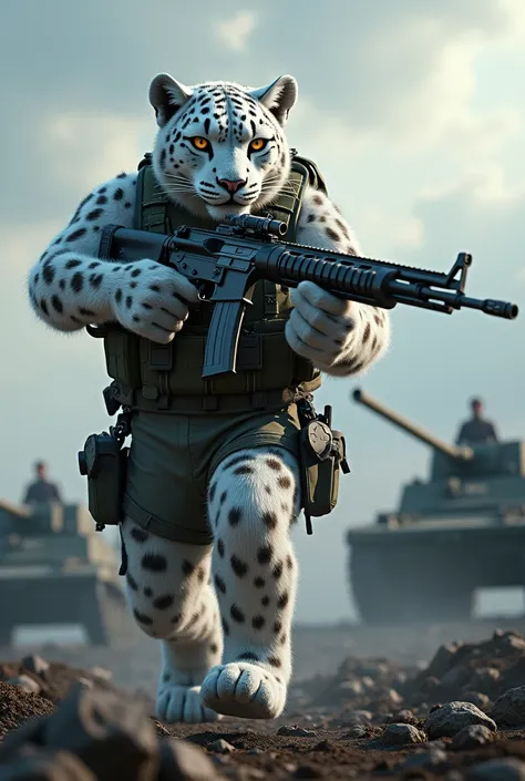 Anthropomorphic snow leopard, equipped with a MG42 rifle, posed in a epic position, with a world war 2 background with german tanks