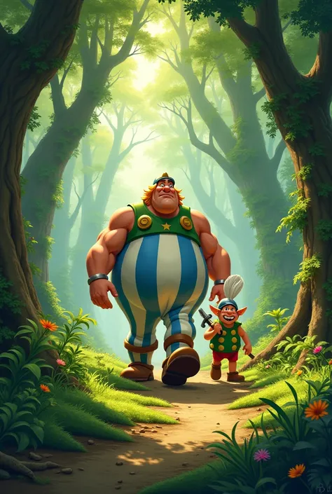 Asterix and Obelix walking in the forest 