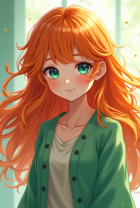  Create a girl with wavy orange hair ,  with heterochromatic eyes one green and the other blue, What to wear with a green anime-style cardigan  