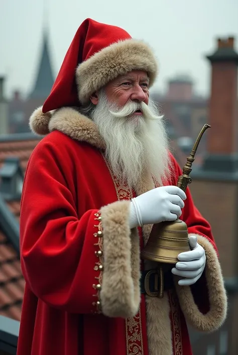 (photorealism:1.2), a typical 
Dutch Sinterklaas with a manicured beard and white gloves. He is wearing white gloves and he is is playing on a Brazillian agogô bell on a typical Amsterdam rooftop.