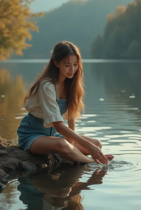 Realistic picture of a smiling woman sitting on her knee in front of a lake trying to touch her reflection in water.