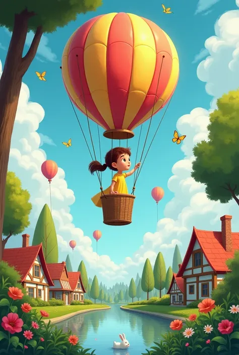  The balloon carried her over the trees ,  of the roofs of the houses and even over a bright river . from up there,  Lili saw incredible things : ducklings swimming ,  colorful butterflies and even a little white rabbit hidden among the flowers.