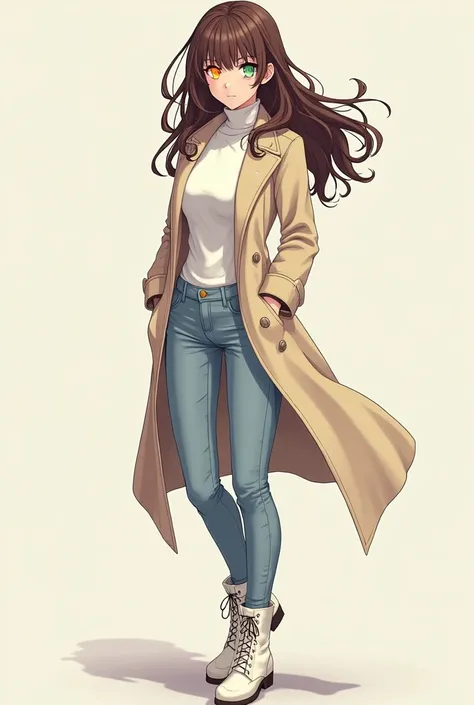  A girl with brown hair,  she has heterochromia ,  the color of her left eye is pink and the color of her right eye is yellow ,  she has medium breasts ,  She wears a long cream wool coat, light blue jeans,  a white turtleneck blouse , white lace-up boots ...