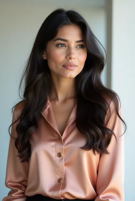 Create a professional photo of a Young Entrepreneur woman with a rosé golg blouse with her face turned over long dark hair. 