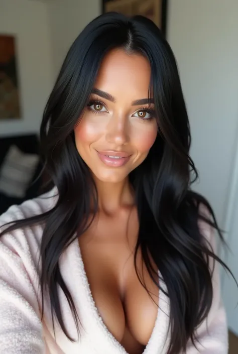 Create an incredibly realistic influencer with captivating light brown eyes and long straight black hair. She is stunningly beautiful, with harmonious facial features and a radiant smile, perky cheeks and large breasts (80E). Her style is glamorous and sop...