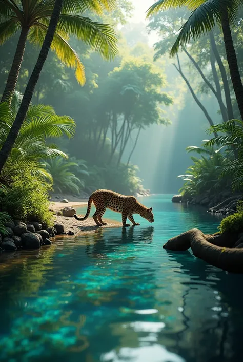 A realistic image of a calm lagoon in forest Brazil with a ounce drinking water.