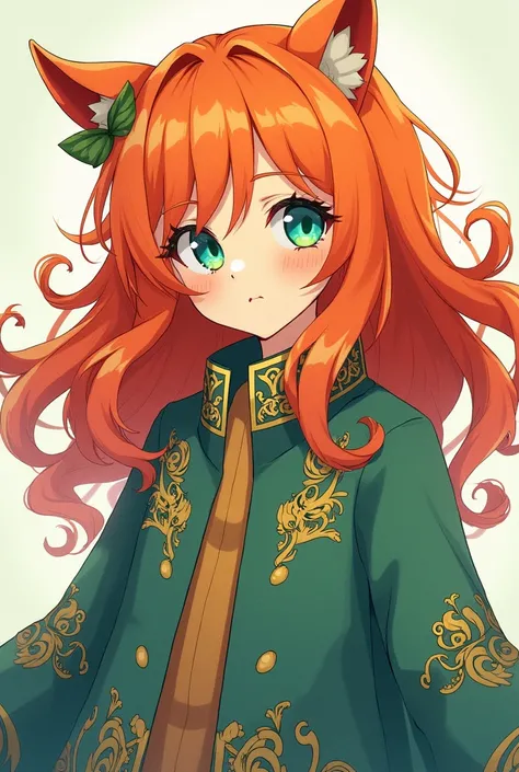  Create a girl with wavy orange hair ,  with heterochromatic eyes one eye green and the other blue eye, What to wear an anime-style coat that looks like Drawn by an artist 