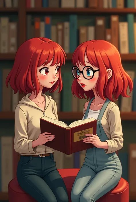 Two porn actresses, one redhead with red lips and shoulder-length haircut without bangs, no glasses, loose clothing, anotrher redhead with short wavy hair, glasses, hentai style, sitting in a library room with a book in hand each, caricature, humor, comic ...