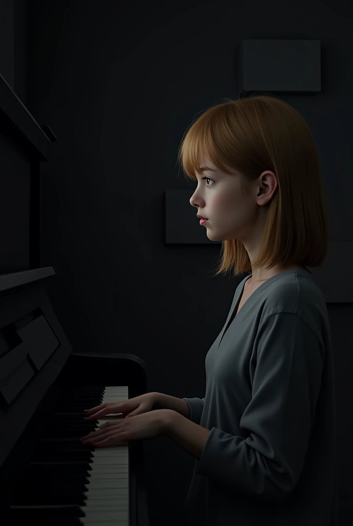  A 17-year-old white girl with an average build ,  on the side looking at the piano ,  with a dark and dark background , as if it were a block ,  with honey-colored hair covering her face ,  without arms on the piano but visible on the side  ,  from an ext...