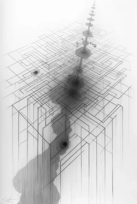 create an abstract pencil sketch of a maze that shows solitude and isolation, the sketch should be on the whole page, avoid any physical or facial attributes 