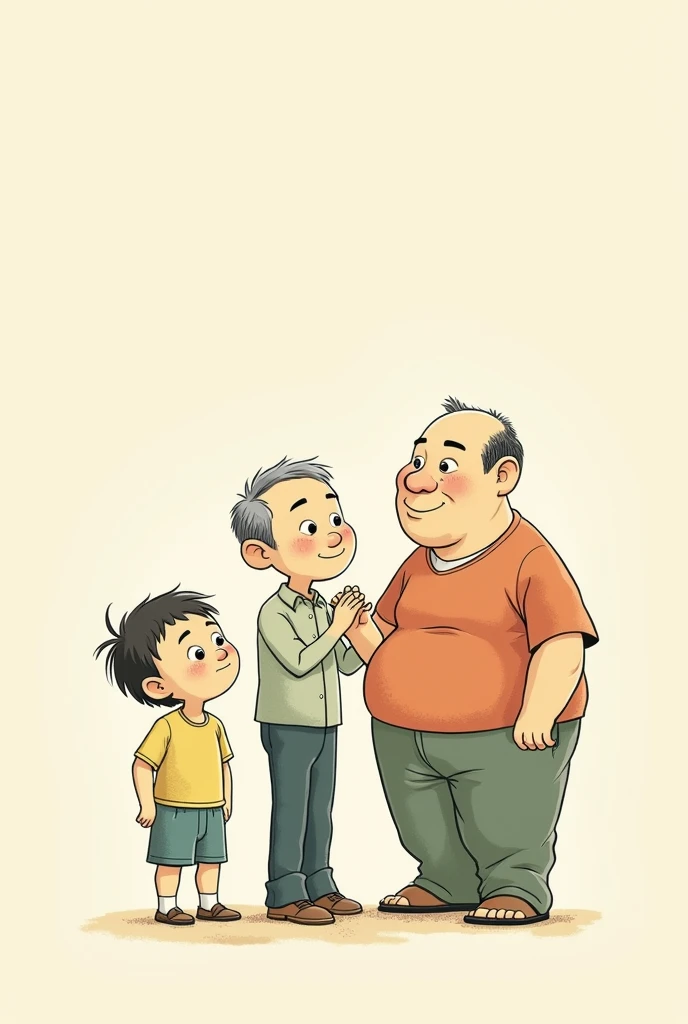  create a simple image of three characters in the book "Mr. Linh "  simple so that I could draw it
Mr Linh, The fat man and Sang Diû 