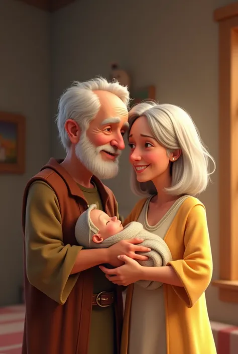 I need an image of Zacharias and Elizabeth in an animated cartoon with the baby, taking into account that they are elderly, I need them not to hug each other but to be distanced but happy