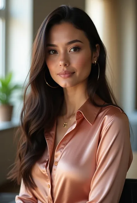 Create a professional photo of a Young Entrepreneur woman wearing a rosé golg blouse with her face facing the window and long dark brown hair. 