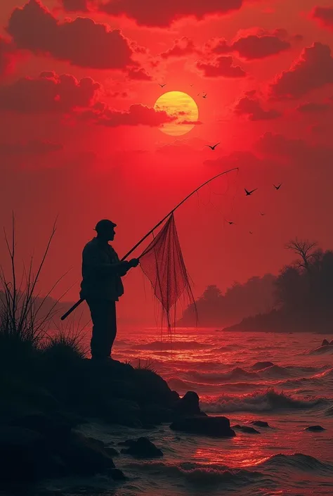 "Under a blood-red sunset, a fisherman casts his net into the restless current, his silhouette framed by the soft hum of crickets and the distant cry of displaced ren."