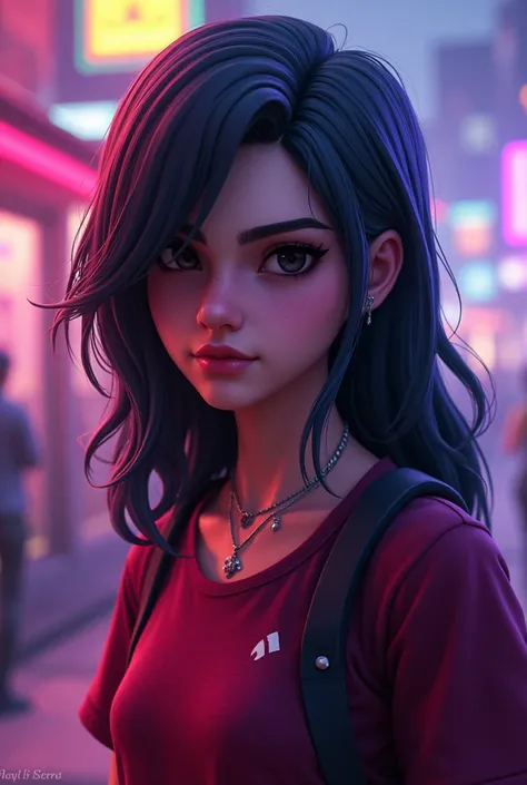 Black hair, black eyes, burgundy shirt, long hair, fortnite style