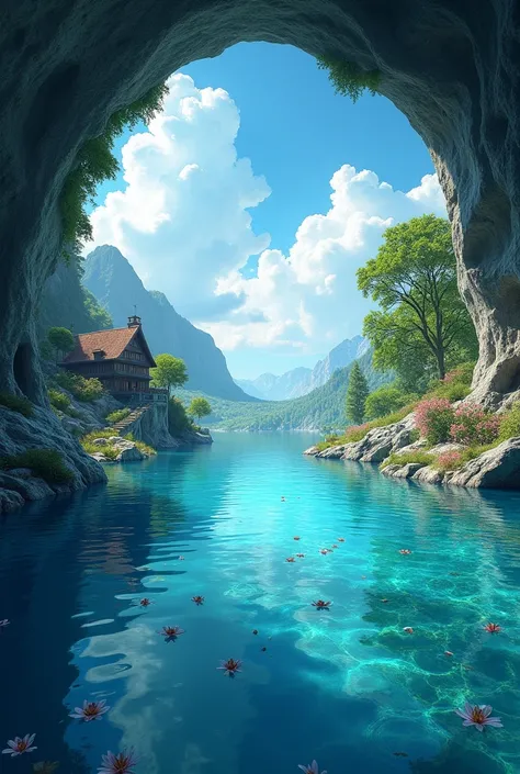 Cave under a river with transparent blue water with flowers floating with blue sky and big clouds on the bank several trees and flowers and a giant wooden house ultra realistic landscape Full HD 8k