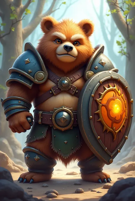 bear , warrior ,minion, with shield in one hand and power ball in the other hand, high quality and realistic definition,cartoon ,dwarf, Furry and cuddly