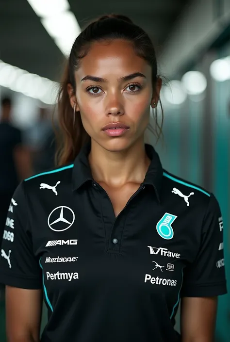 Create a serious 21-year-old woman with the Mercedes f1 jersey