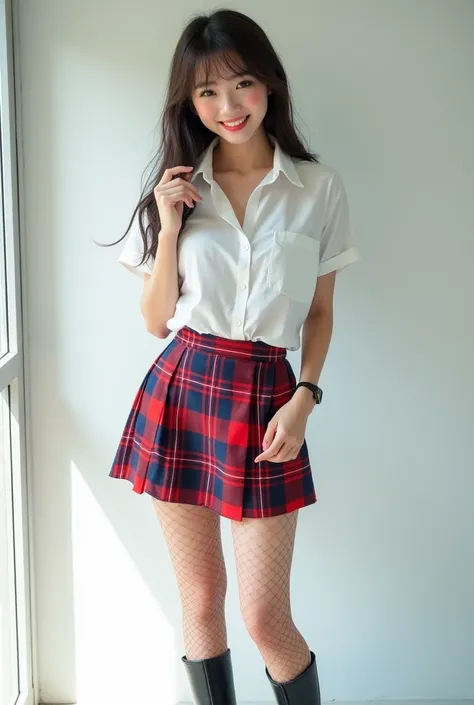  Pretty 18 year old schoolgirl   , white shirt neckline  ,( big breasts half visible )  ,  plaid miniskirt in red and blue  ,   stockings net lingerie   ,knee-length black boots she stands on a white floor in a four-walled environment  ,  she looks smiling...