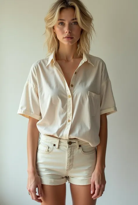 A short beauty with disheveled blond hair up to her shoulders stands full length in front of the viewer wearing a shirt and short shorts