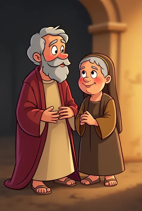  I need an image of Zacharias and Elizabeth in an animated cartoon with the baby considering that they are elderly, I need them not to be together ,  but to be separated but happy , considering that they are characters from the Bible
