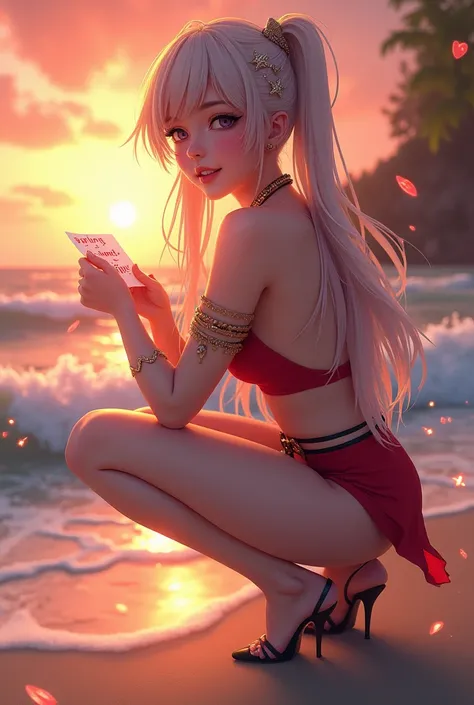 1girl,  solo ,Smile, beach,(Sunset:1.1),  Akagi_Lynn(Denchi project),  solo ,  star hair accessories,  Double Braided Belt , spark, from behind, review, huge Sunset,red floating,  holding an extremely sexy squat written on "Darling I want you"A3 paper,  Sl...