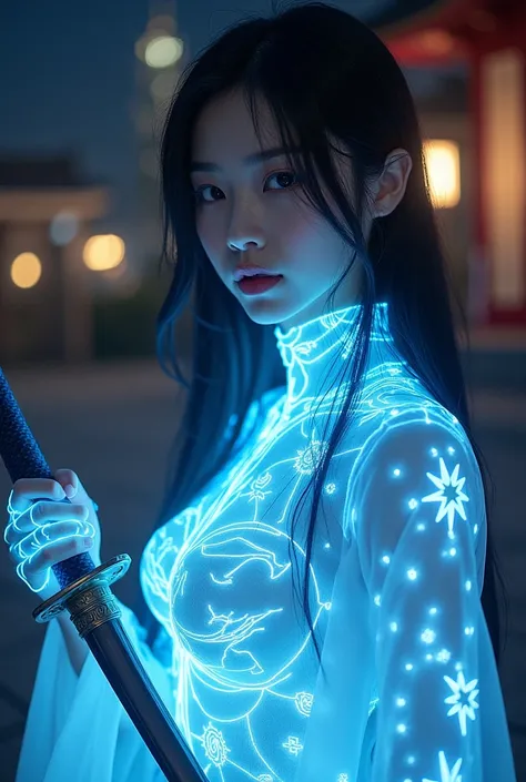 Japanese girl, 18 years old, detailed, masterpiece, beauty, glowing blue transparent iron suit, focus between the legs, small breasts, long hair, eye makeup, in a shinto temple at night. Holding a katana. Magic runes engraved on the katana. Form fitting fu...