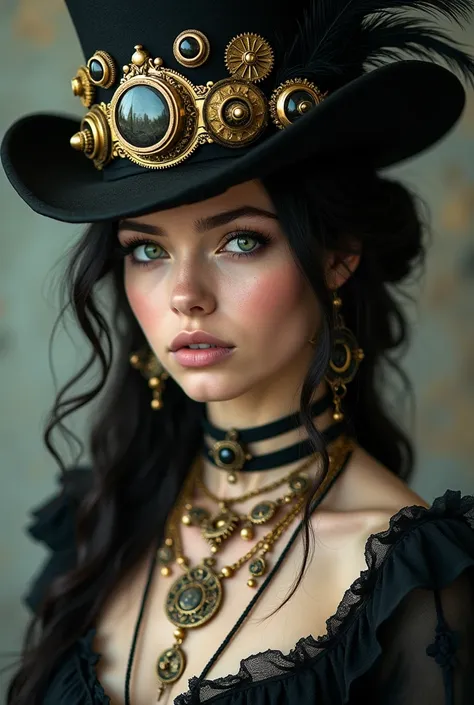 A young woman breasts with striking Green 
eyes and dark hair. She is adorned with a black hat that is heavily embellished with golden gears, ornate details, and feathers. The hat appears to be inspired by the steampunk aesthetic. She wears multiple layere...