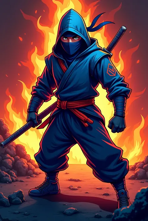  Create a mascot logo where the mascot is a ninja with the colors blue and red and with fire in the background with the letters "REUDMTV " in the middle