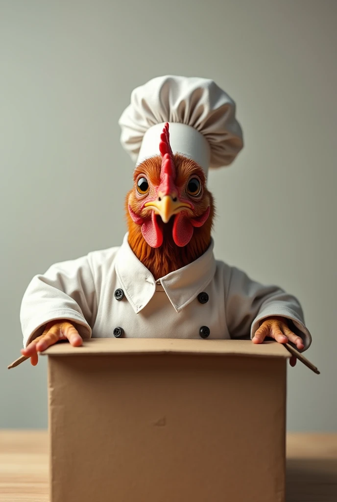 A chef hen peaking out of a box