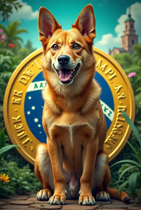 (Medium-sized caramel mutt dog is running for president of Brazil,  is at the center of a gold coin , real image,  aggregated in a lot of value because the meme is well known among Brazilians,  colors of the Brazilian flag appearing in the background, alon...