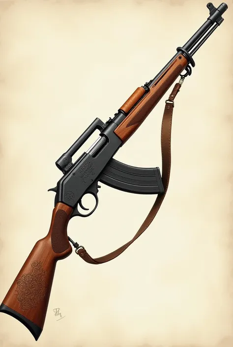 Here is a description of the text drawing of the "Rus" rifle, which could have been used during World War II:

---

Rifle "Rus"

Type: bolt-action carbine, manual reloading.

1. Stock (wooden part):

Material: high-quality dark wood (walnut or oak).

Decor...