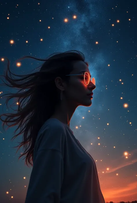 a woman standing in front of a starry sky, the energy of dreams, orange colors, photorealistic elegance, in a radiant connection, !!beautiful!!, very beautiful matte painting, beautiful avatar photos, woman with rose tinted glasses , wind kissed photo, nit...