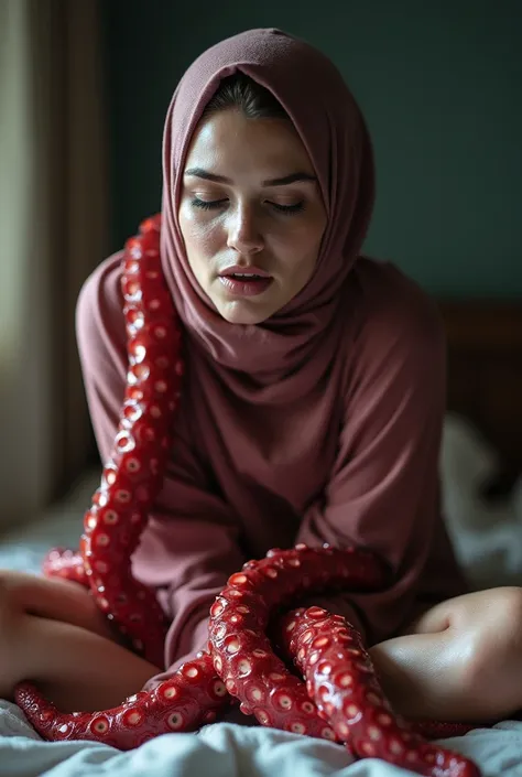 HD, A best image of a beautiful woman, hijab, trapped in big tentacles, legs entangled by big tentacles, ((((boobs grabbed by big tentacles)))), (face drenched by white sticky liquid:1.5),(wet:1.6), intense detailed expression, intense arousal expression, ...