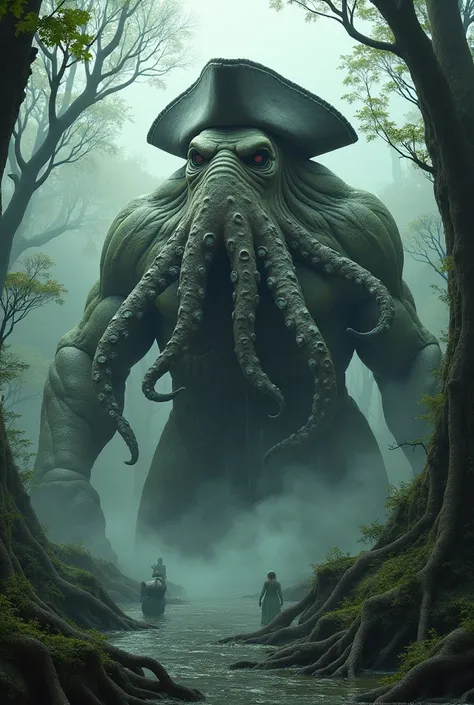 Create a giant swamp monster with an octopus head and a pirate hat 