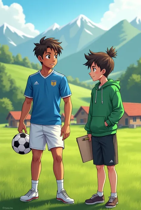 Prompt 1: Preparation
"Two friends are preparing for a journey in a small, scenic mountain village. In the background, lush green fields and simple village houses. Lionel, wearing a blue jersey and white shorts, is holding a football. Roland, in a green ho...