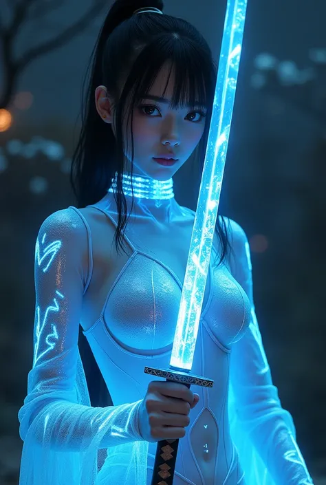 Japanese girl, 18 years old, detailed, masterpiece, beauty, glowing blue transparent iron suit, focus between the legs, small breasts, long hair, eye makeup, in a shinto temple at night. Holding a katana. Magic runes engraved on the katana. Form fitting fu...